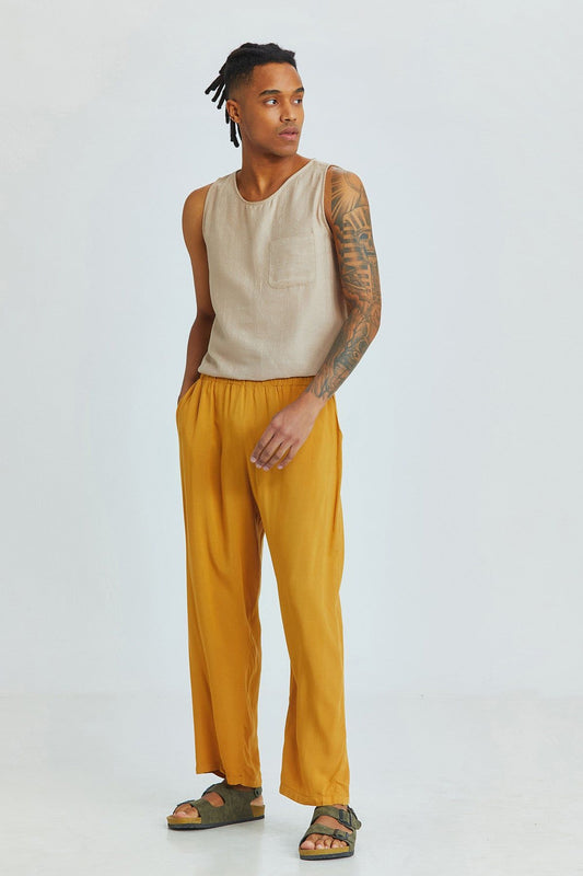 Yellow Relaxed Fit Viscose Men's Trousers with Front Pockets