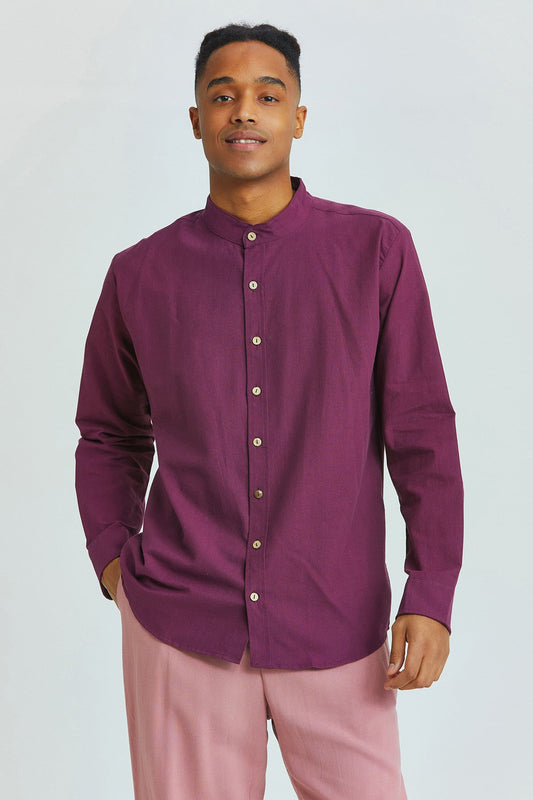 Band Collar Men's Shirt Purple