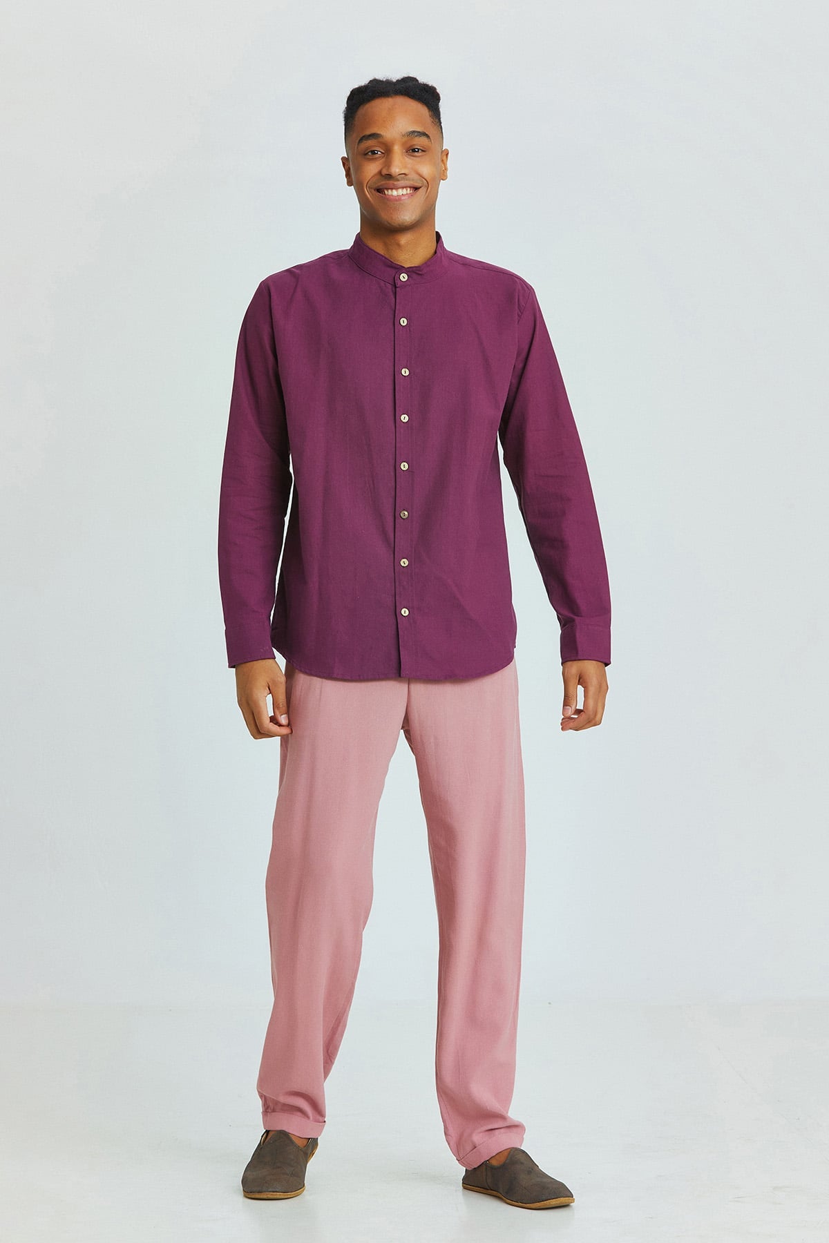 Band Collar Men's Shirt Purple