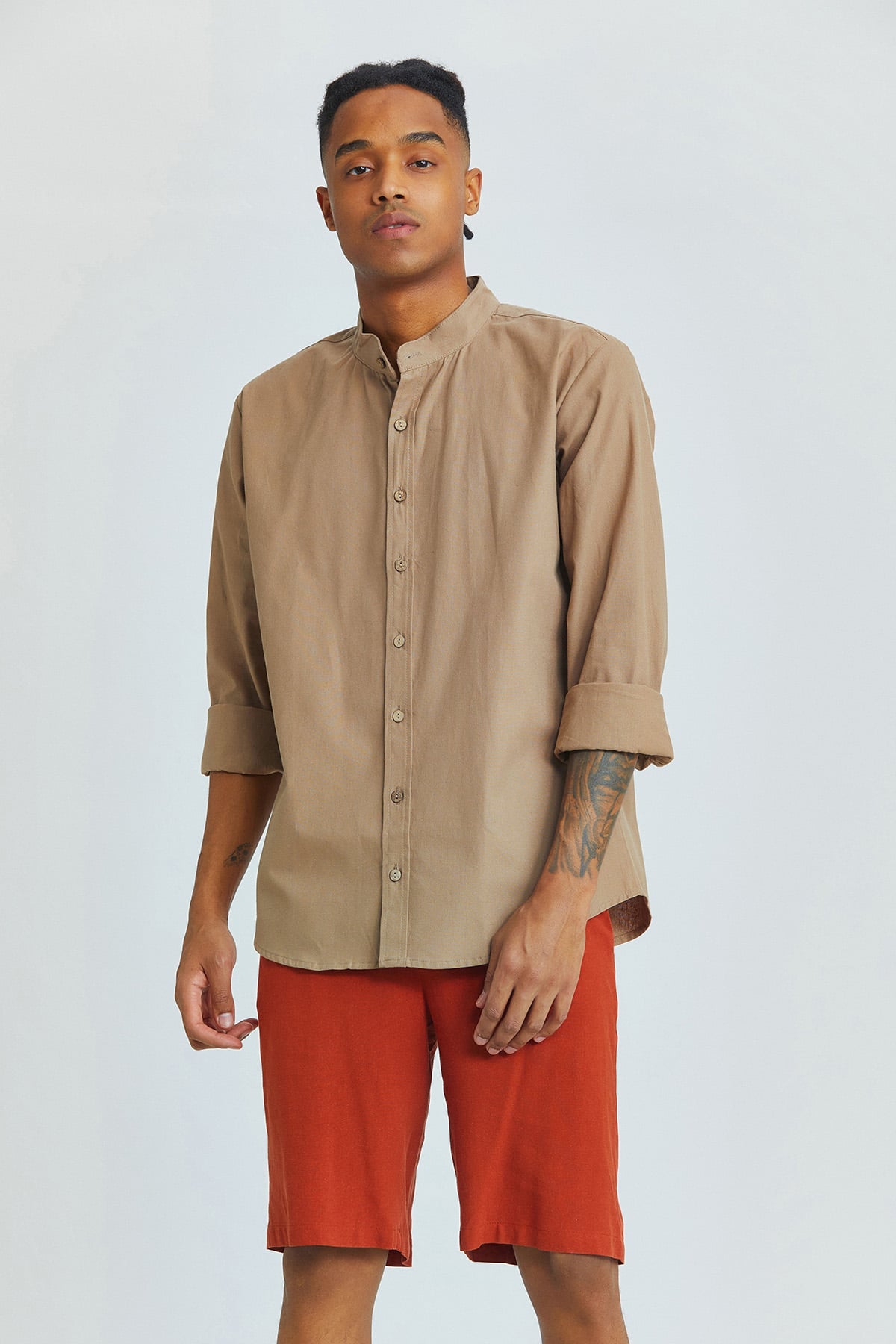 Band Collar Men's Shirt Beige