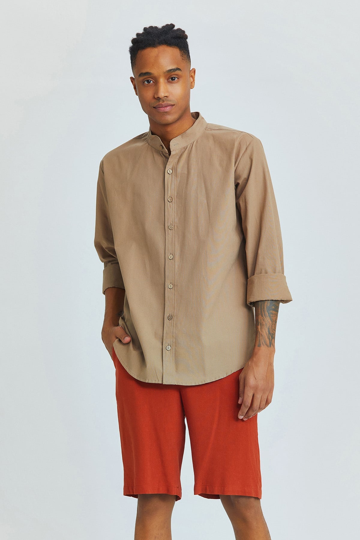 Band Collar Men's Shirt Beige