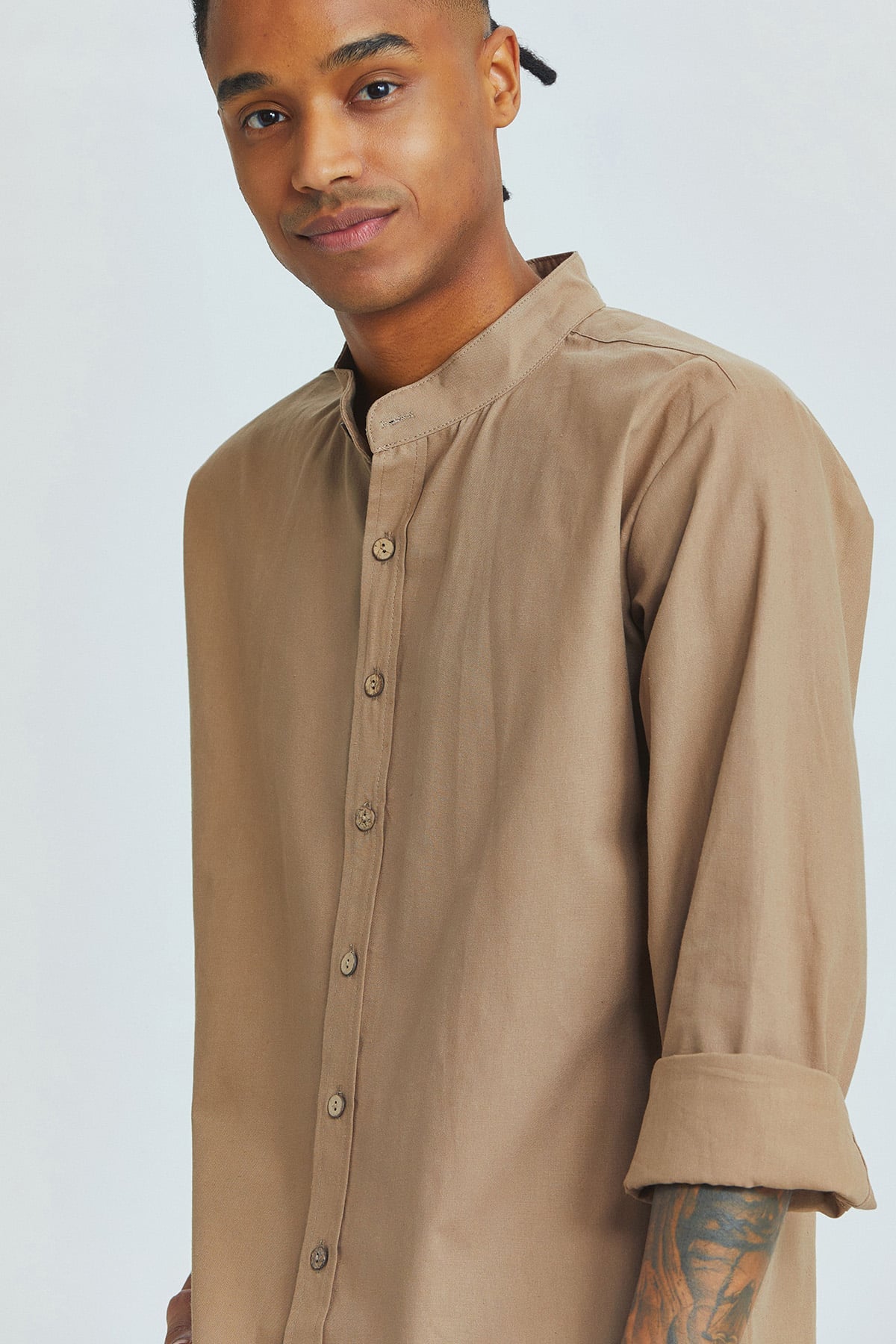 Band Collar Men's Shirt Beige