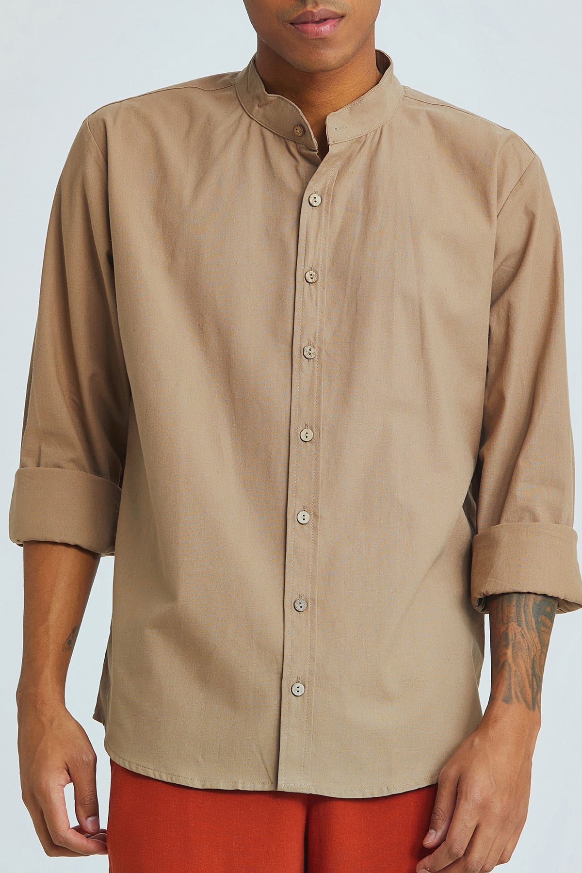 Band Collar Men's Shirt Beige