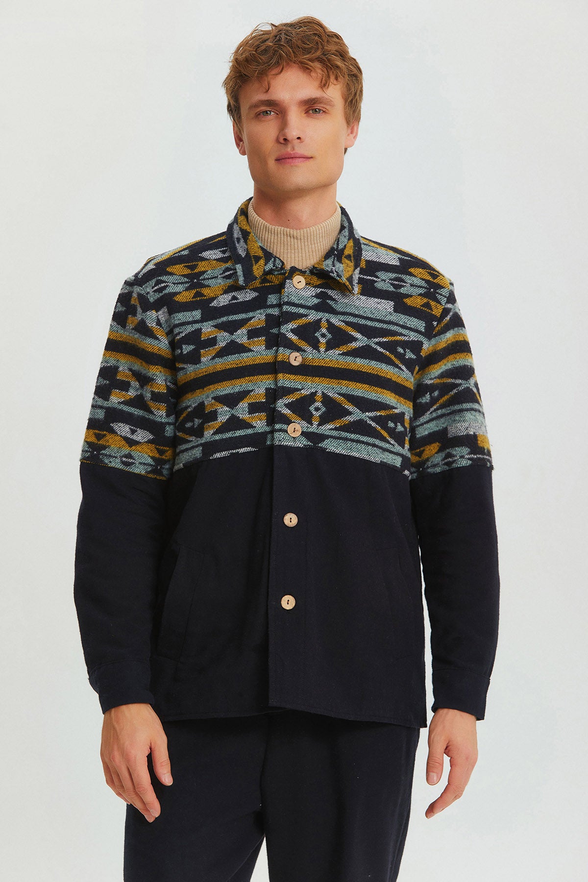 Pocket Detailed Men's Shirt with Ethnic Trim Black - Yellow