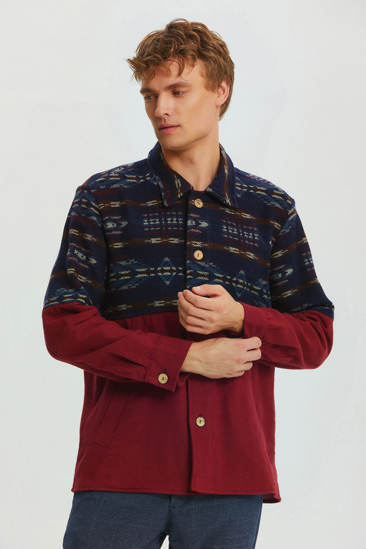 Pocket Detailed Men's Shirt with Ethnic Trim Dark Blue - Dark Red