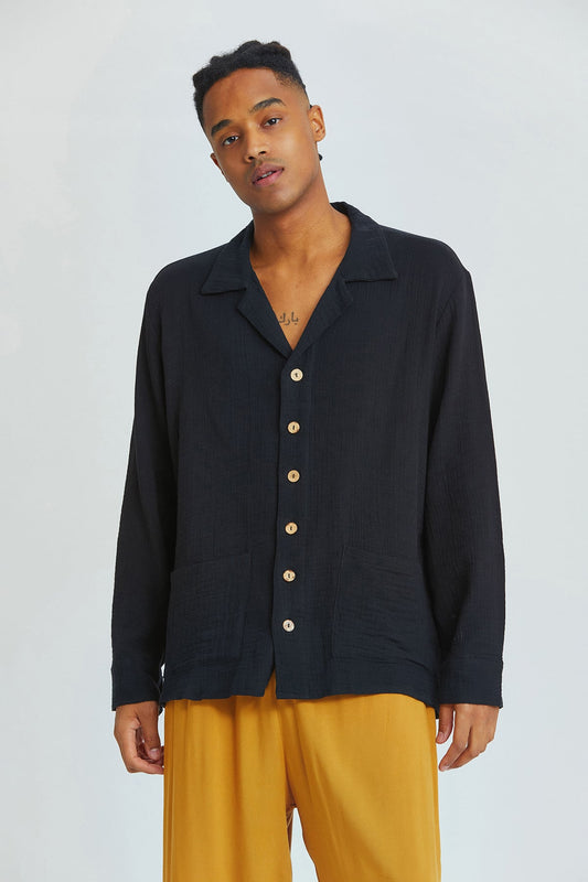 Black Oversized Bohemian Men's Shirt with Coconut Buttons