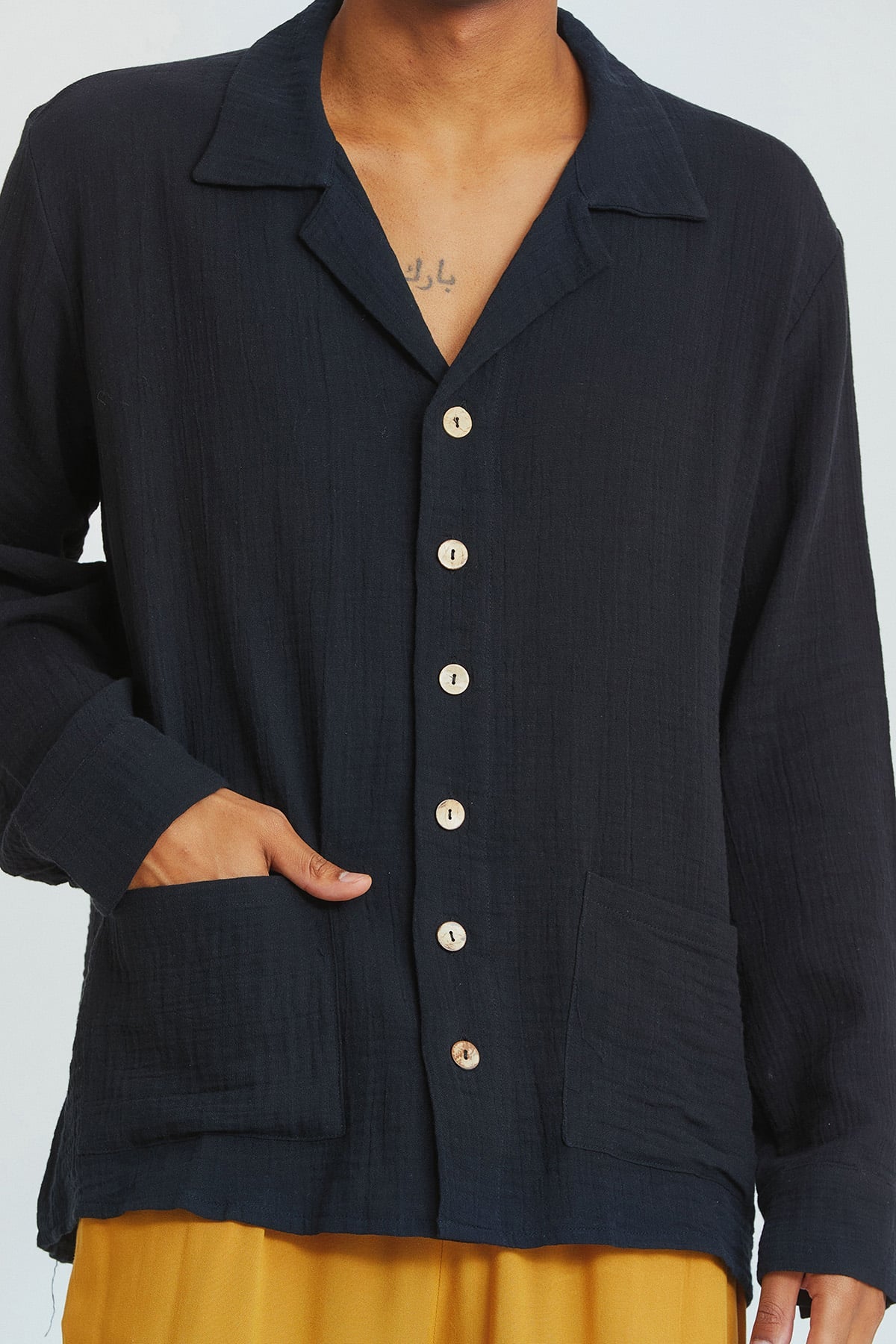 Black Oversized Bohemian Men's Shirt with Coconut Buttons