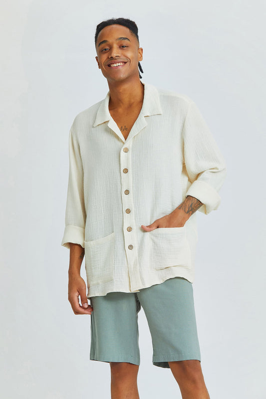 Beige Oversized Bohemian Men's Shirt with Coconut Buttons