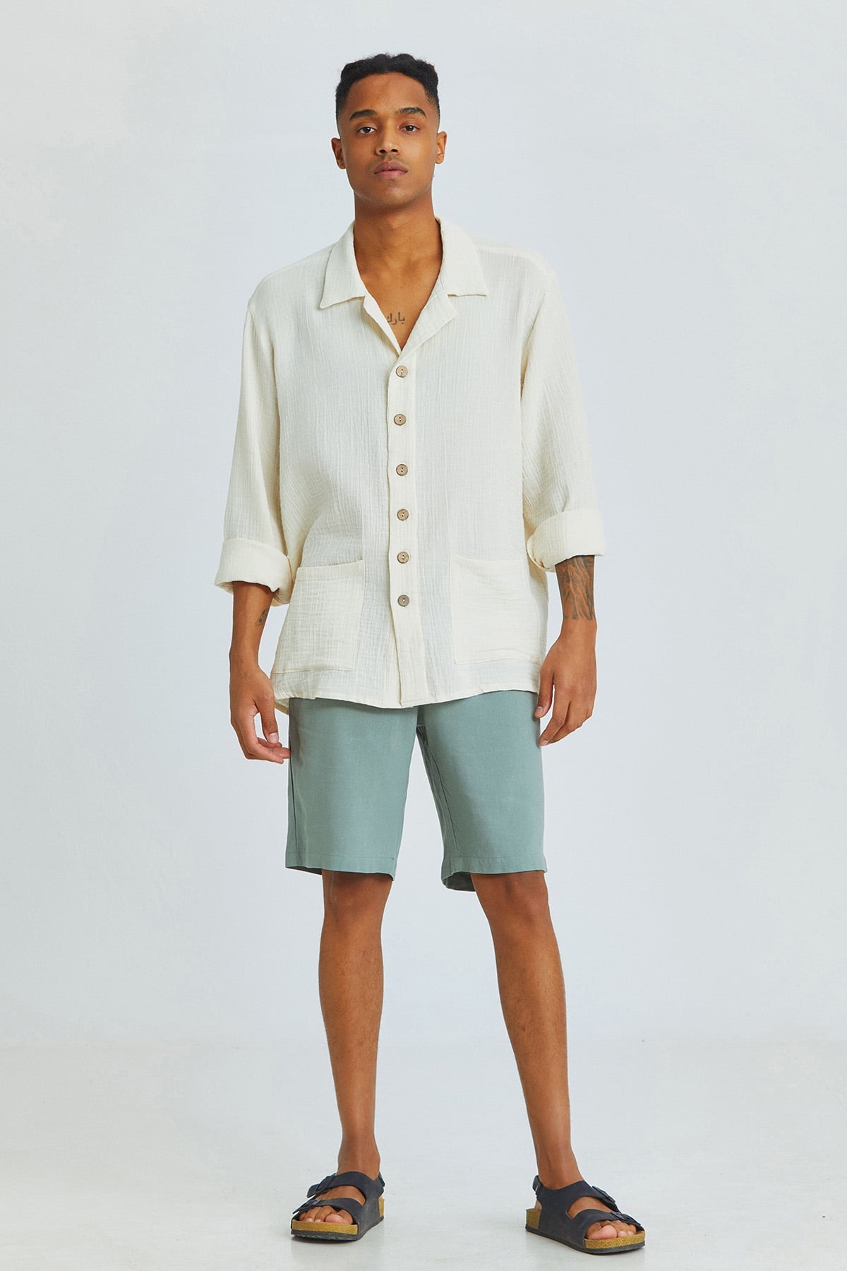 Beige Oversized Bohemian Men's Shirt with Coconut Buttons