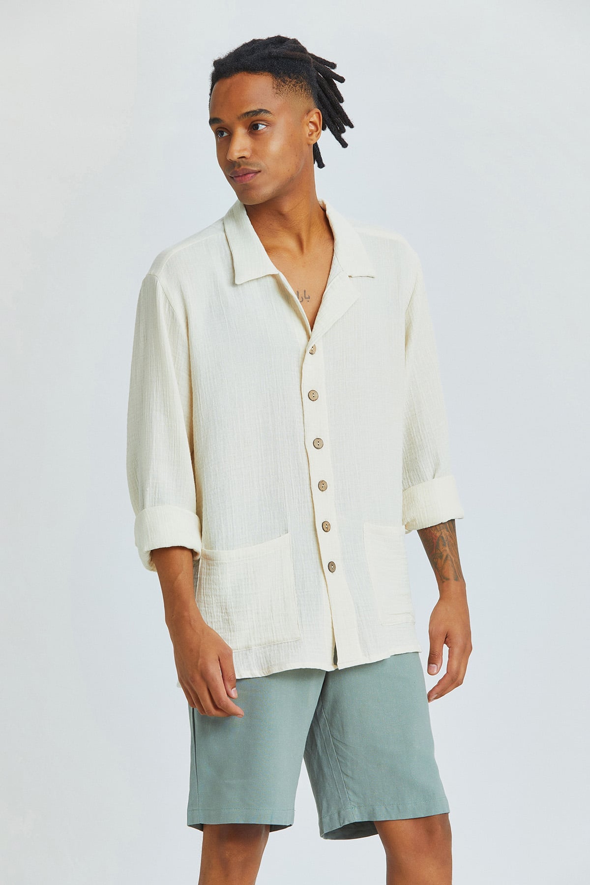 Beige Oversized Bohemian Men's Shirt with Coconut Buttons