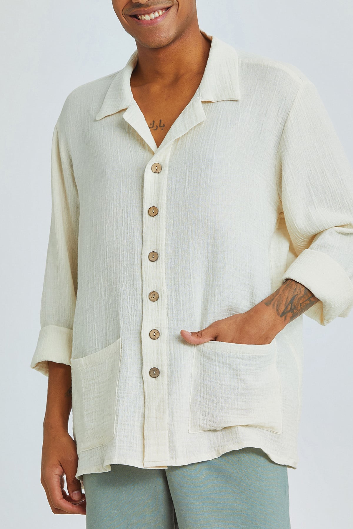 Beige Oversized Bohemian Men's Shirt with Coconut Buttons