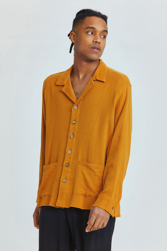 Camel Oversized Bohemian Men's Shirt with Coconut Buttons