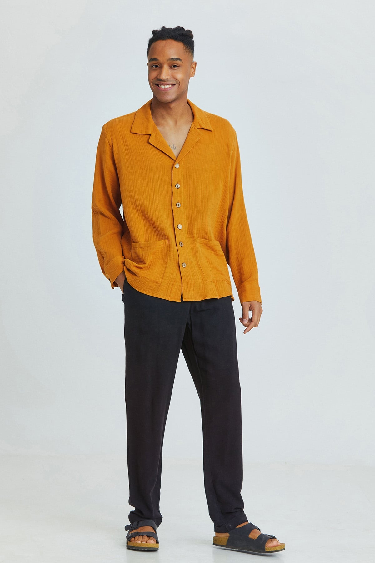 Camel Oversized Bohemian Men's Shirt with Coconut Buttons