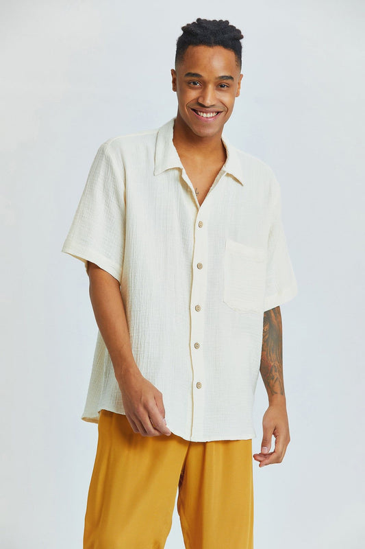 White Bohemian Men's Shirt with Coconut Buttons and Short Sleeves
