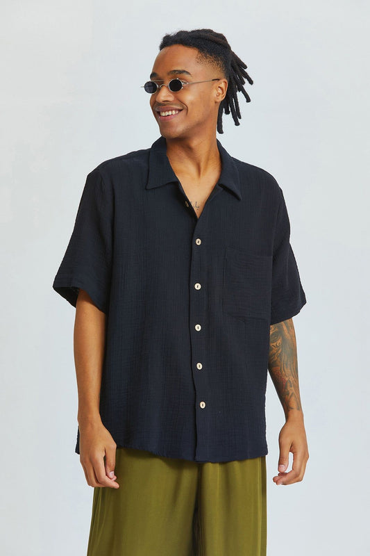 Black Bohemian Men's Shirt with Coconut Buttons