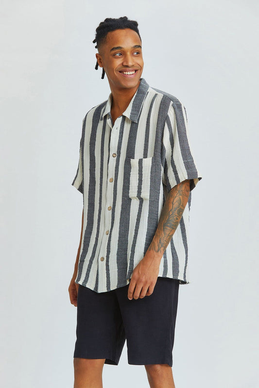 Black and White Striped Bohemian Men's Shirt with Coconut Buttons
