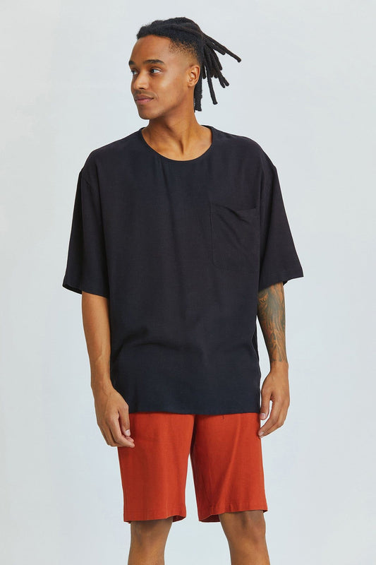 Black Oversized Men's Shirt with Round Neck and Pocket