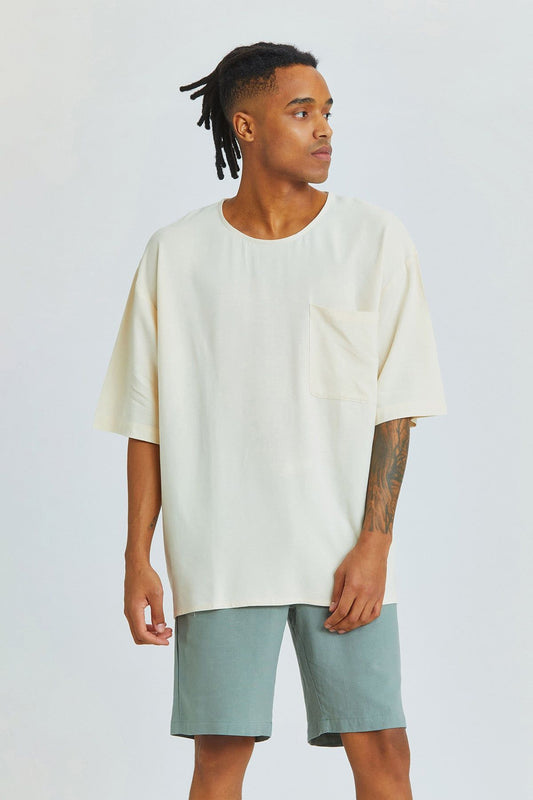 Beige Oversized Men's Shirt with Round Neck and Pocket