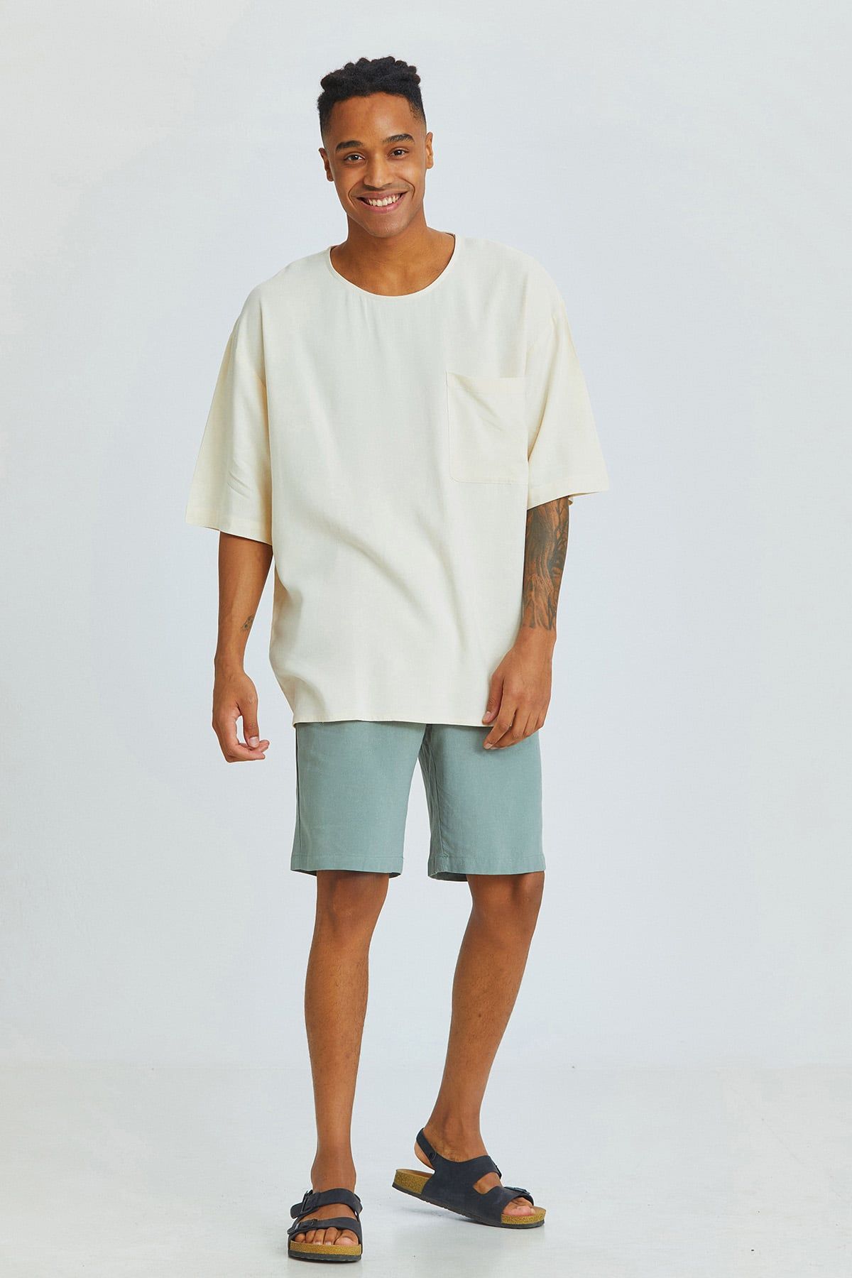 Beige Oversized Men's Shirt with Round Neck and Pocket