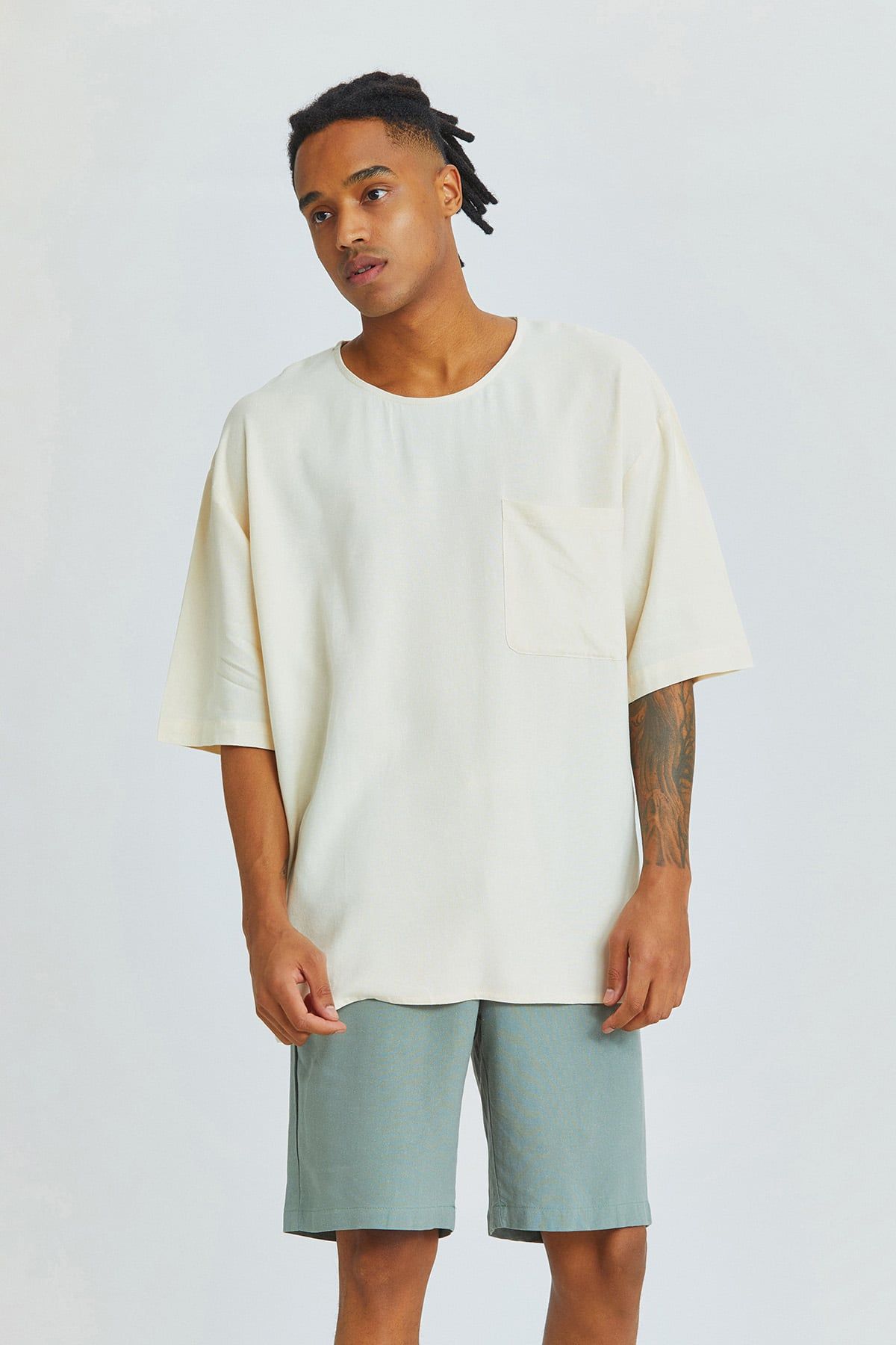 Beige Oversized Men's Shirt with Round Neck and Pocket