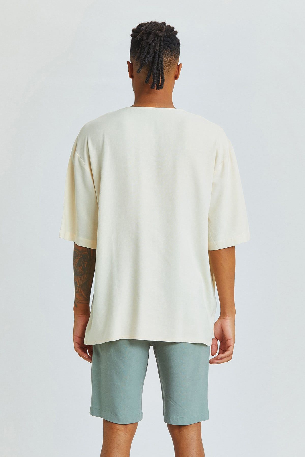 Beige Oversized Men's Shirt with Round Neck and Pocket