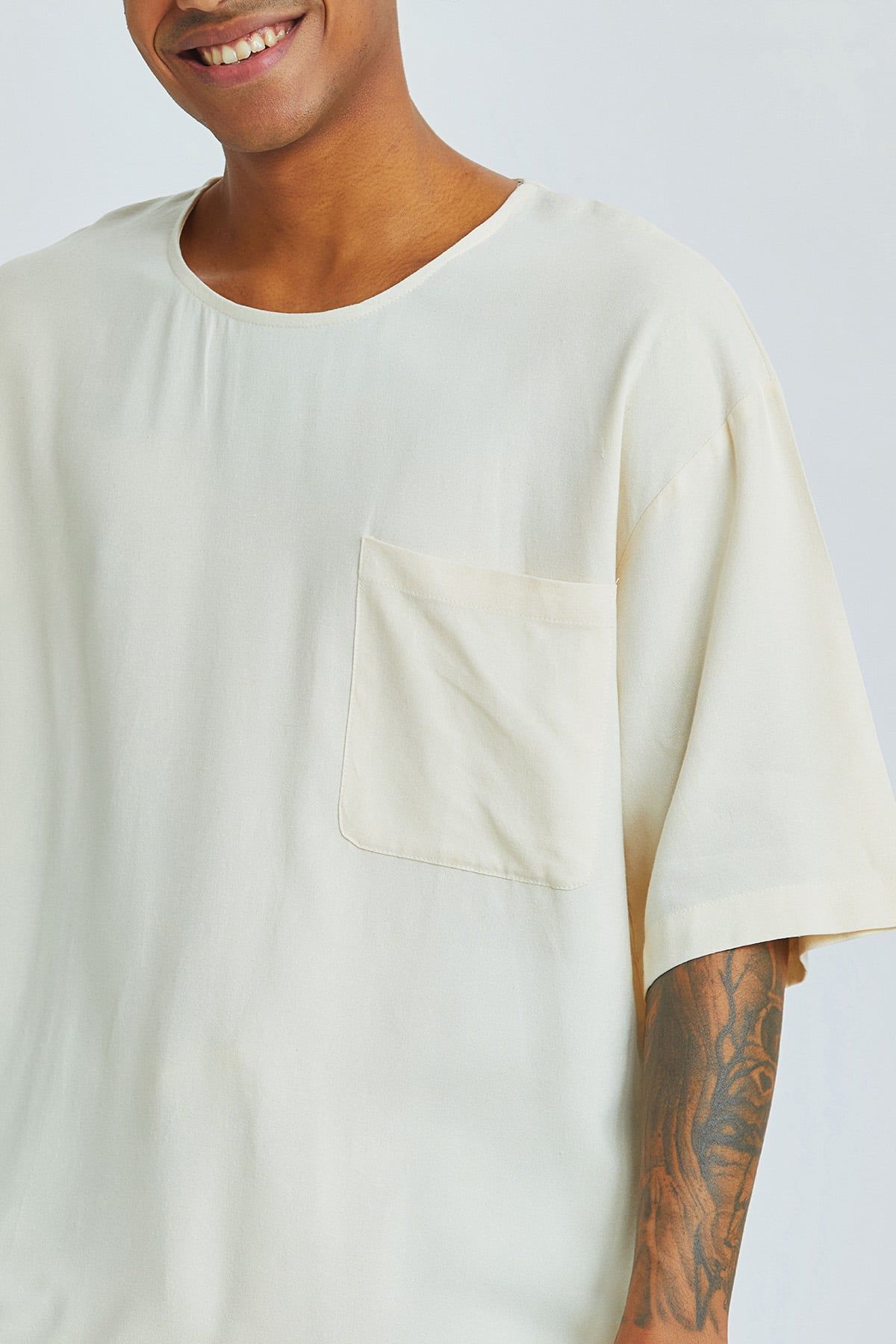 Beige Oversized Men's Shirt with Round Neck and Pocket