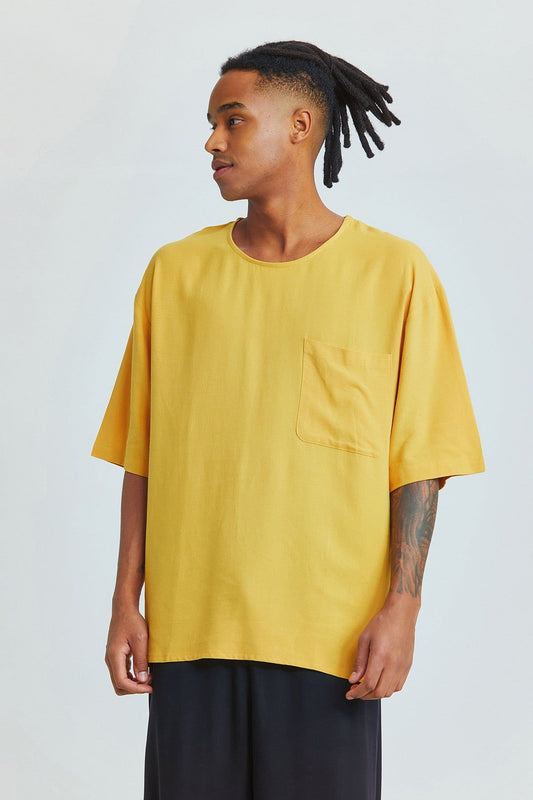 Mustard Oversized Men's Shirt with Round Neck and Pocket