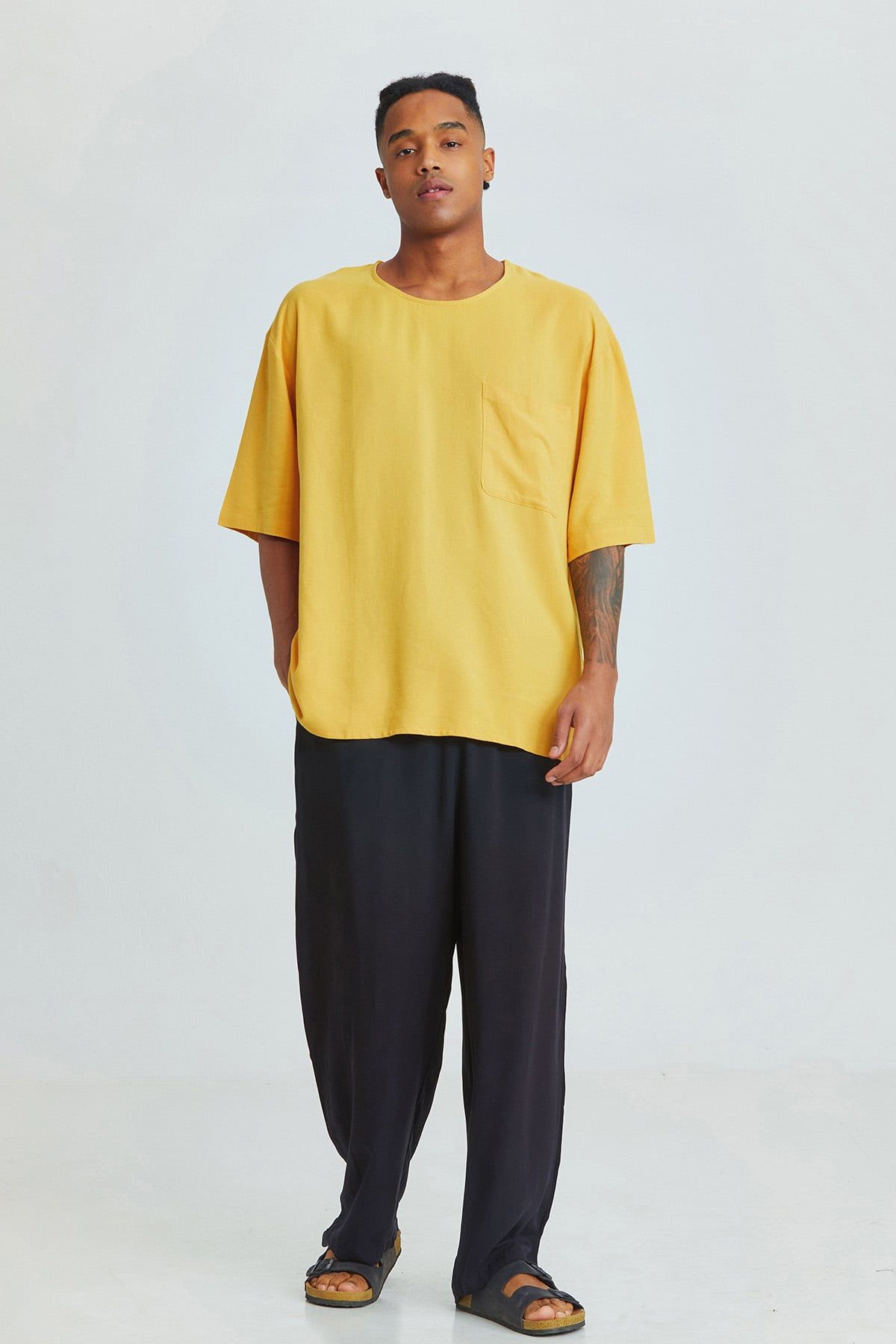 Mustard Oversized Men's Shirt with Round Neck and Pocket