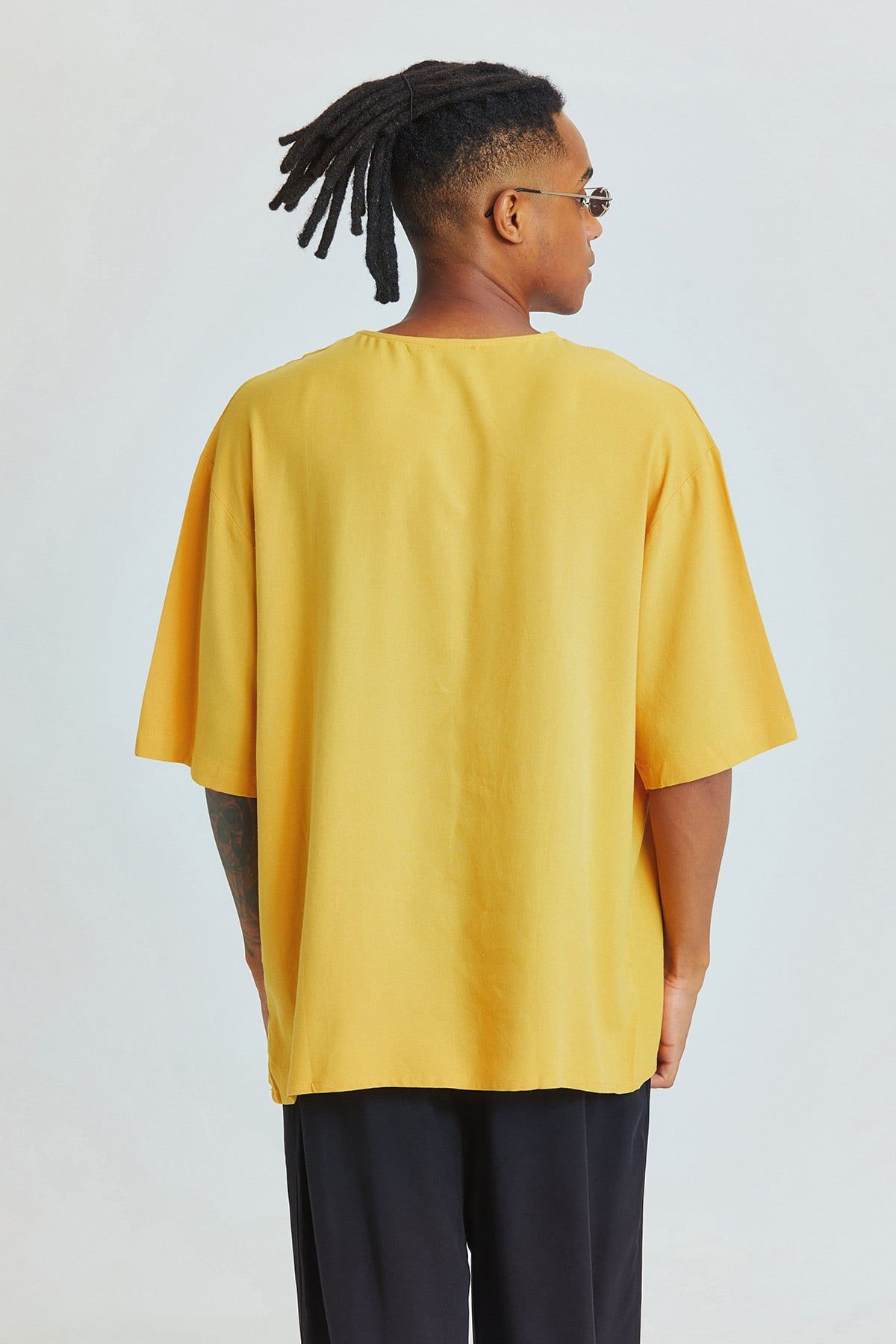 Mustard Oversized Men's Shirt with Round Neck and Pocket