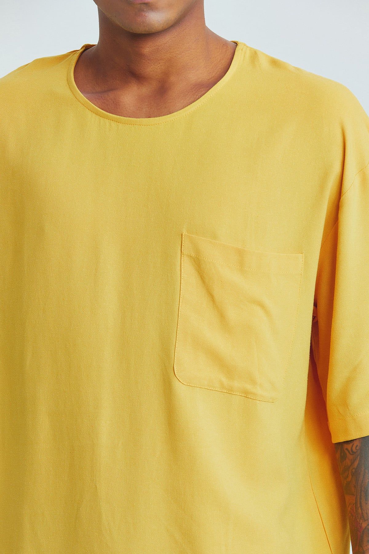 Mustard Oversized Men's Shirt with Round Neck and Pocket