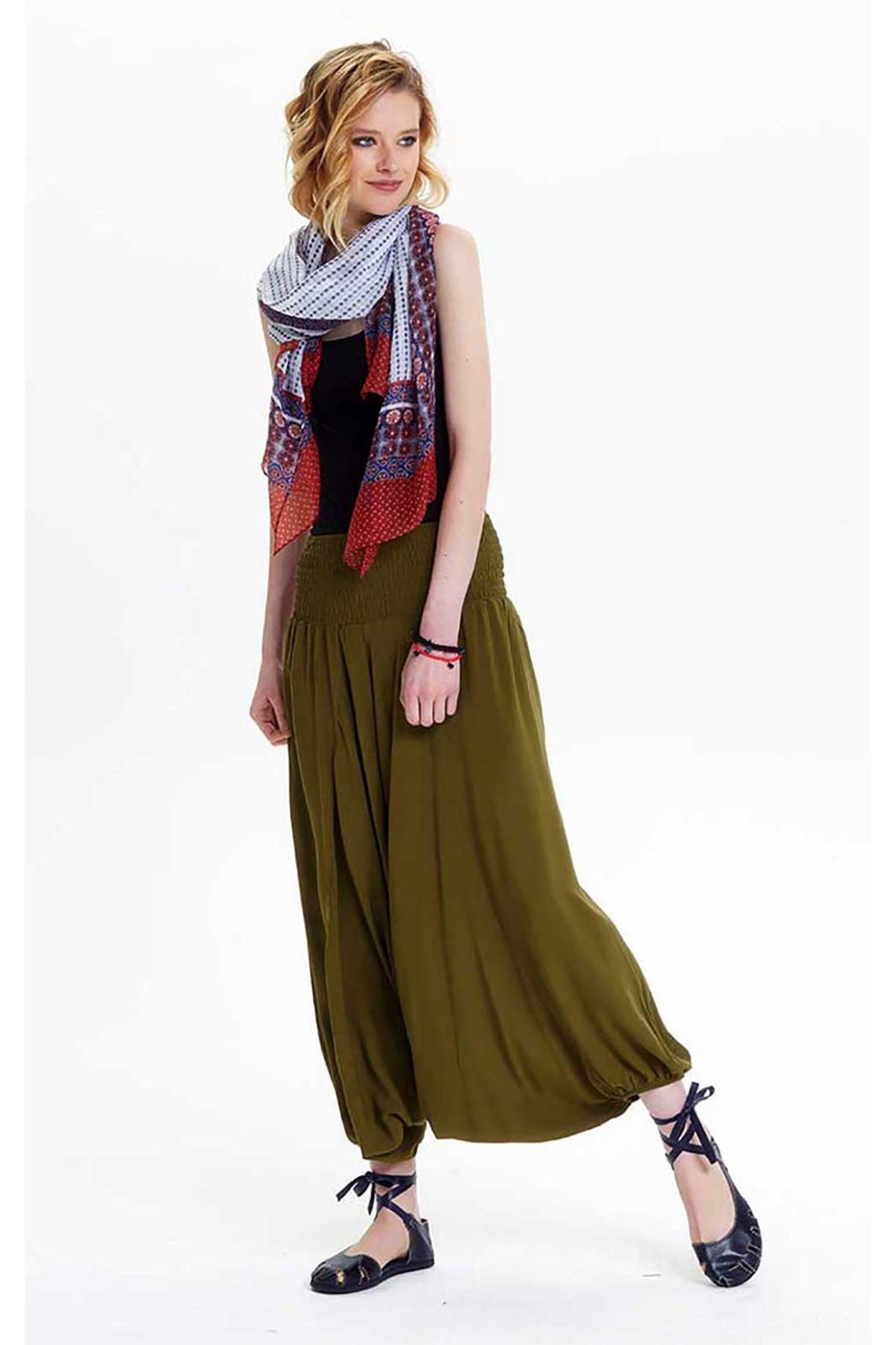 Elastic Waist Loose Fit Khaki Harem Pants