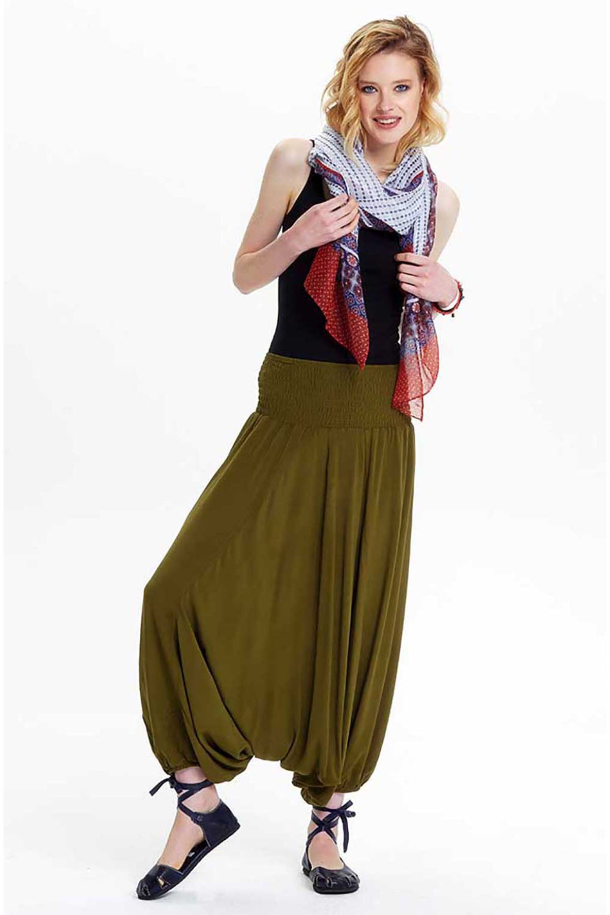 Elastic Waist Loose Fit Khaki Harem Pants