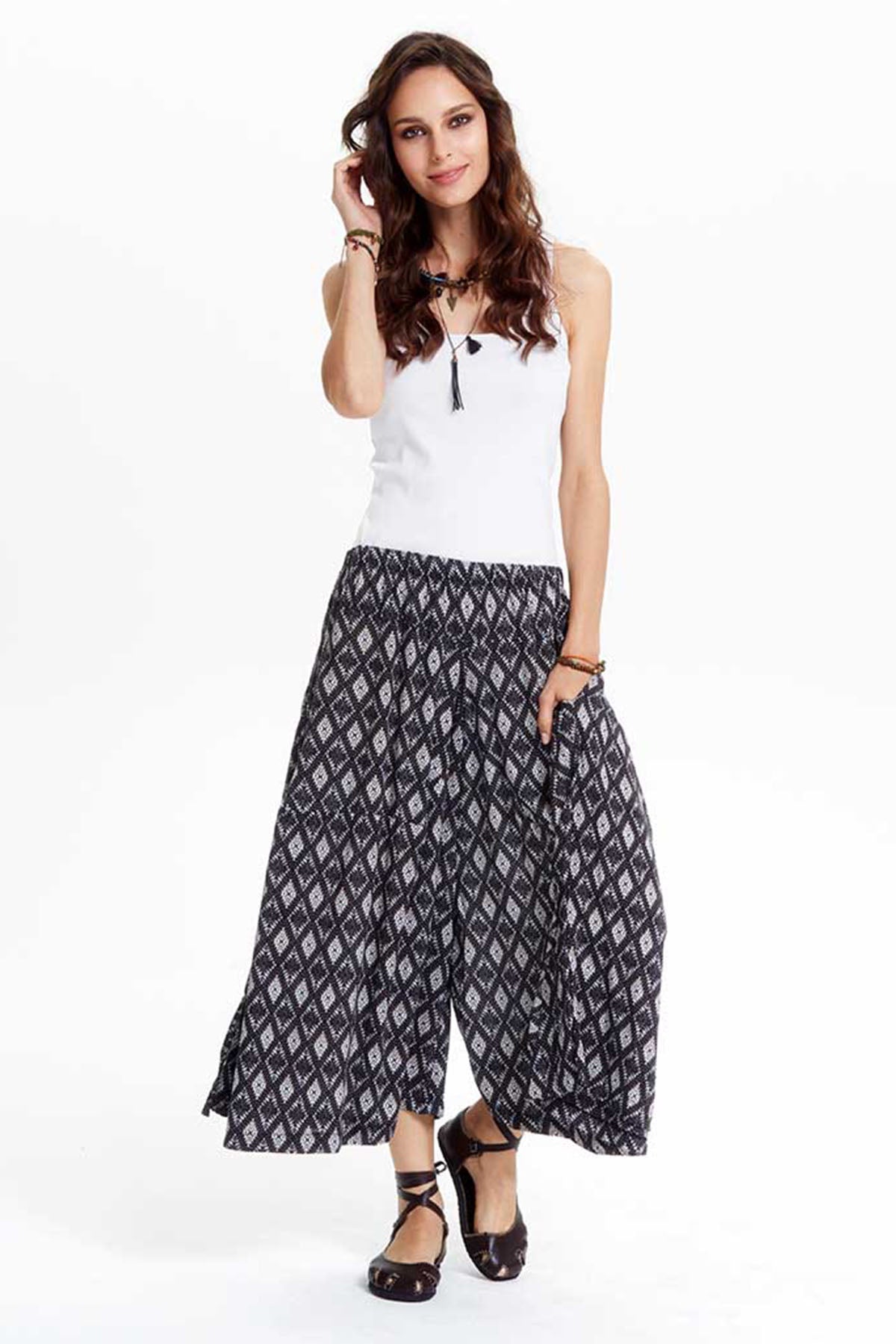 Tribal Patterned Midi Wide Leg Pants