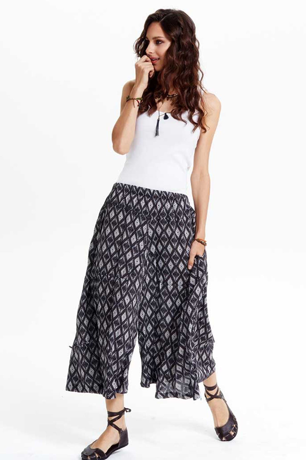 Tribal Patterned Midi Wide Leg Pants