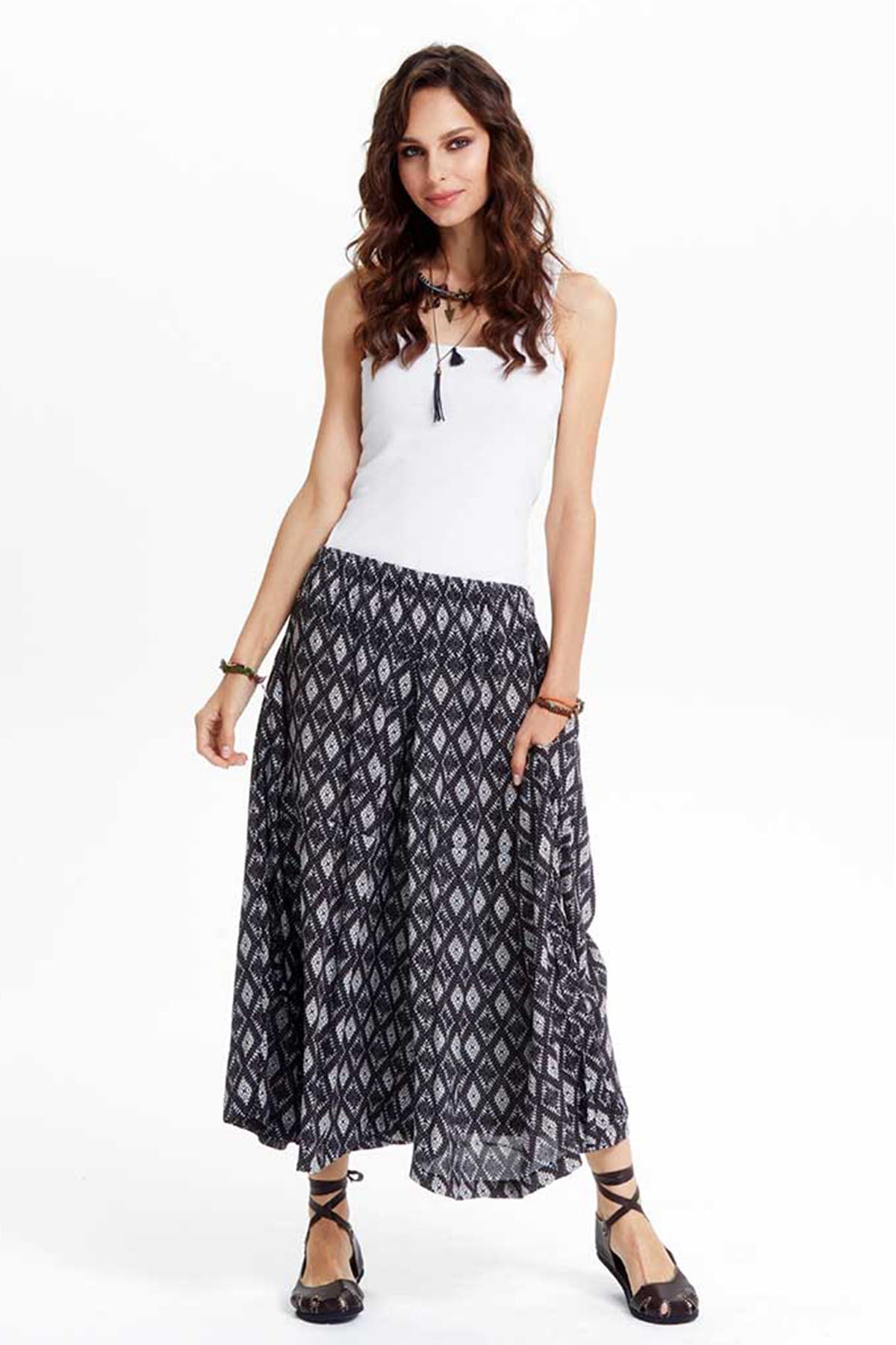 Tribal Patterned Midi Wide Leg Pants