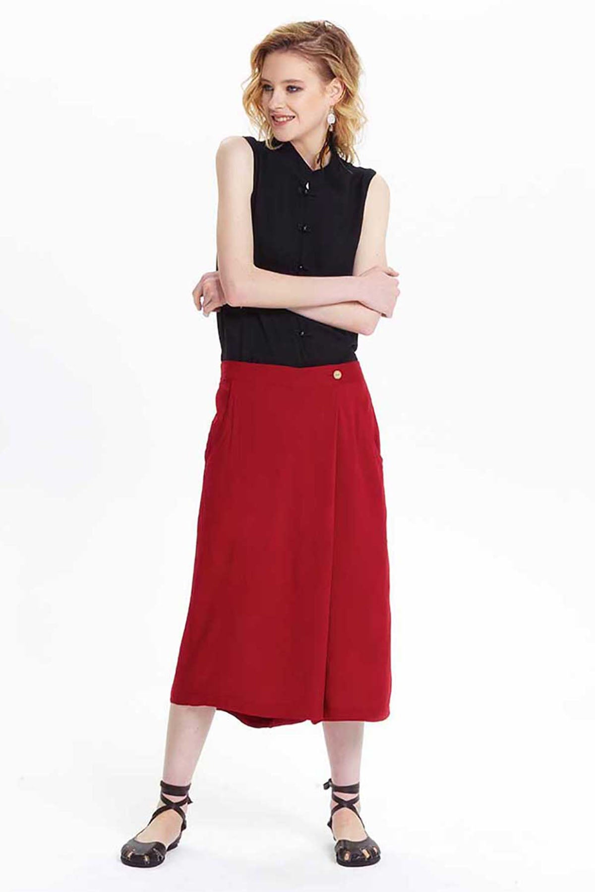 Loose Fit Maroon Midi Skirt Pants