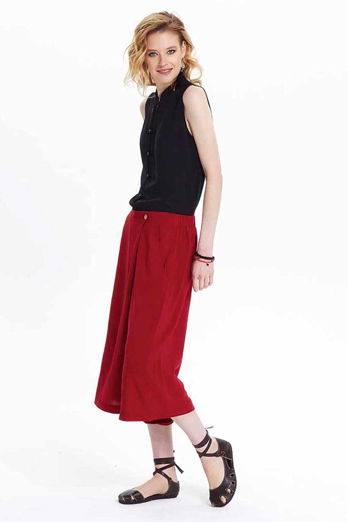 Loose Fit Maroon Midi Skirt Pants