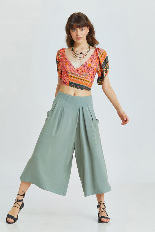 Pistachio Green Linen Blend Bohemian Crop Pants with Wide Leg