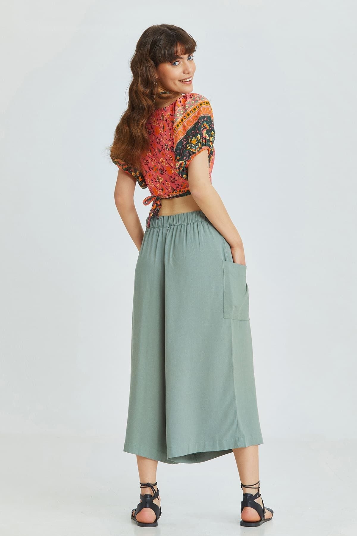 Pistachio Green Linen Blend Bohemian Crop Pants with Wide Leg