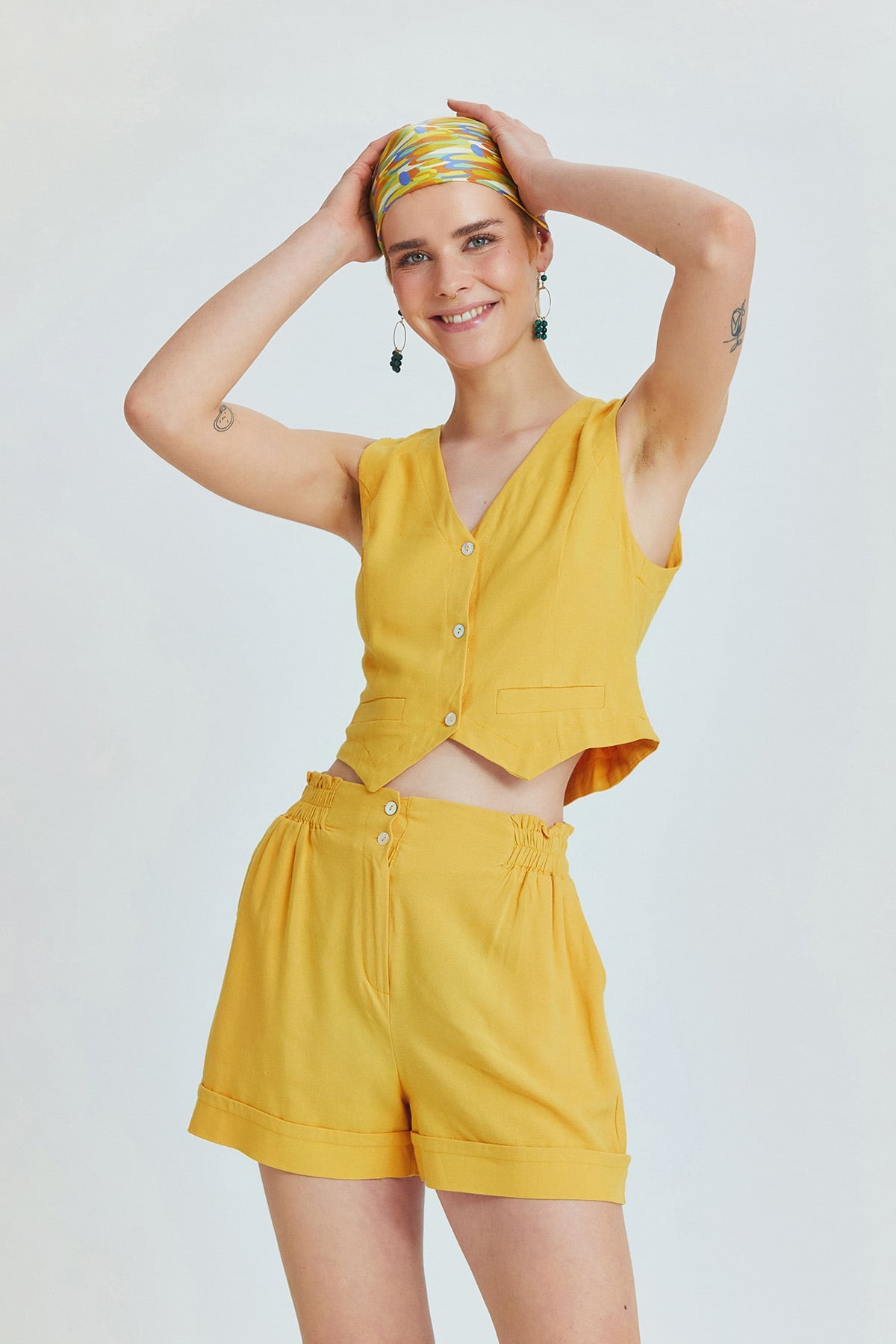 Mustard Viscose-Linen Mini Bohemian Shorts with Mother-of-Pearl Buttons