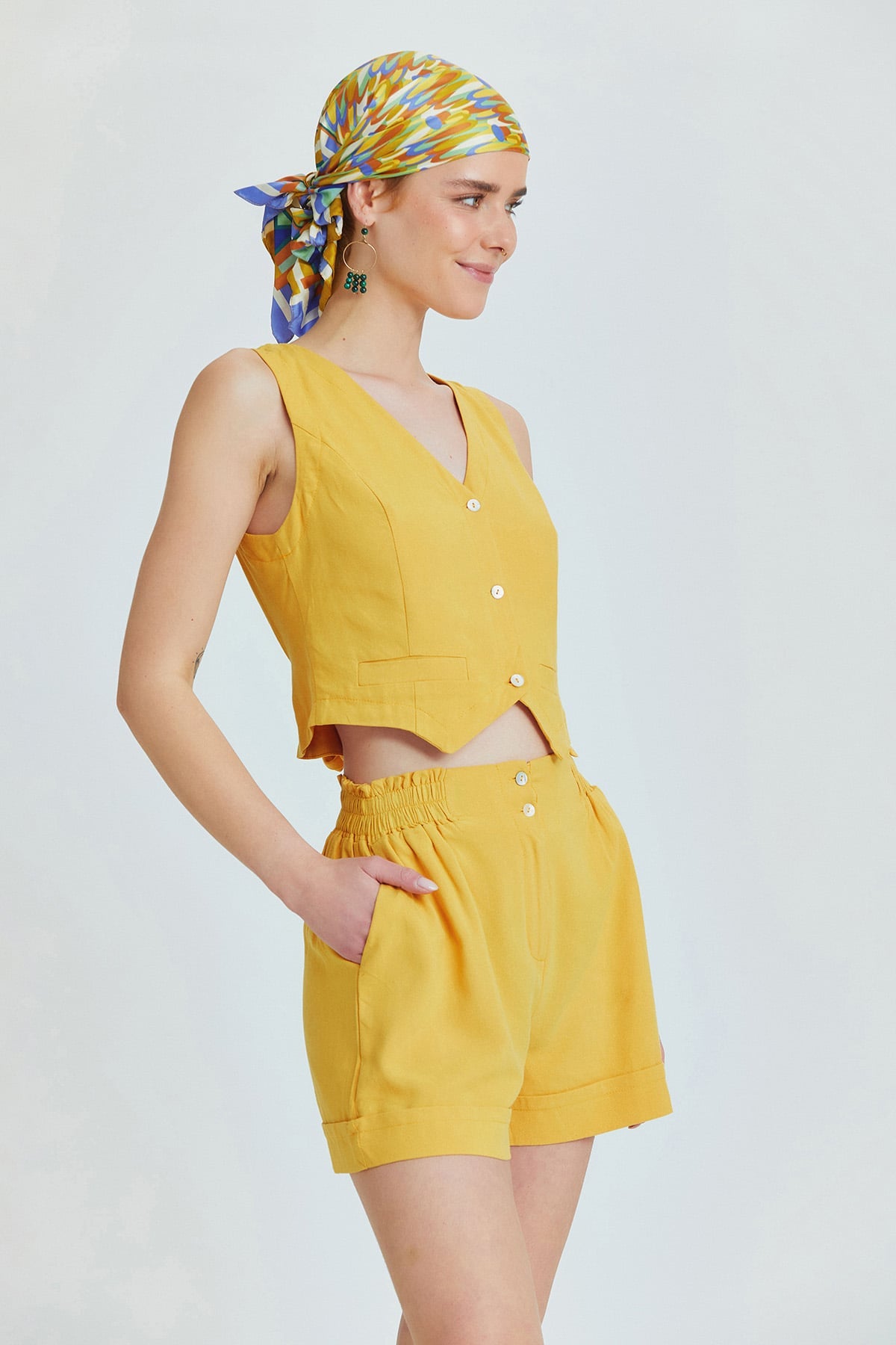 Mustard Viscose-Linen Mini Bohemian Shorts with Mother-of-Pearl Buttons