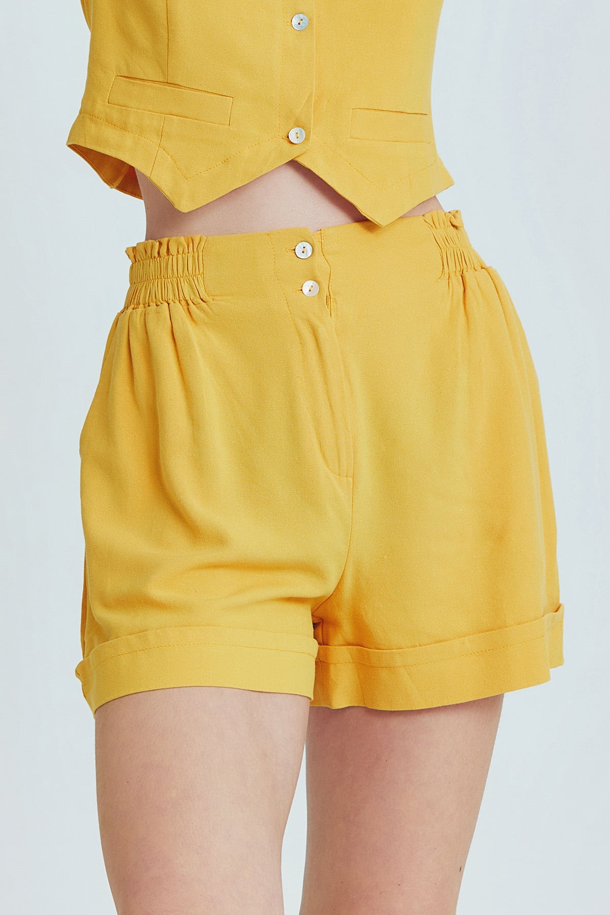 Mustard Viscose-Linen Mini Bohemian Shorts with Mother-of-Pearl Buttons