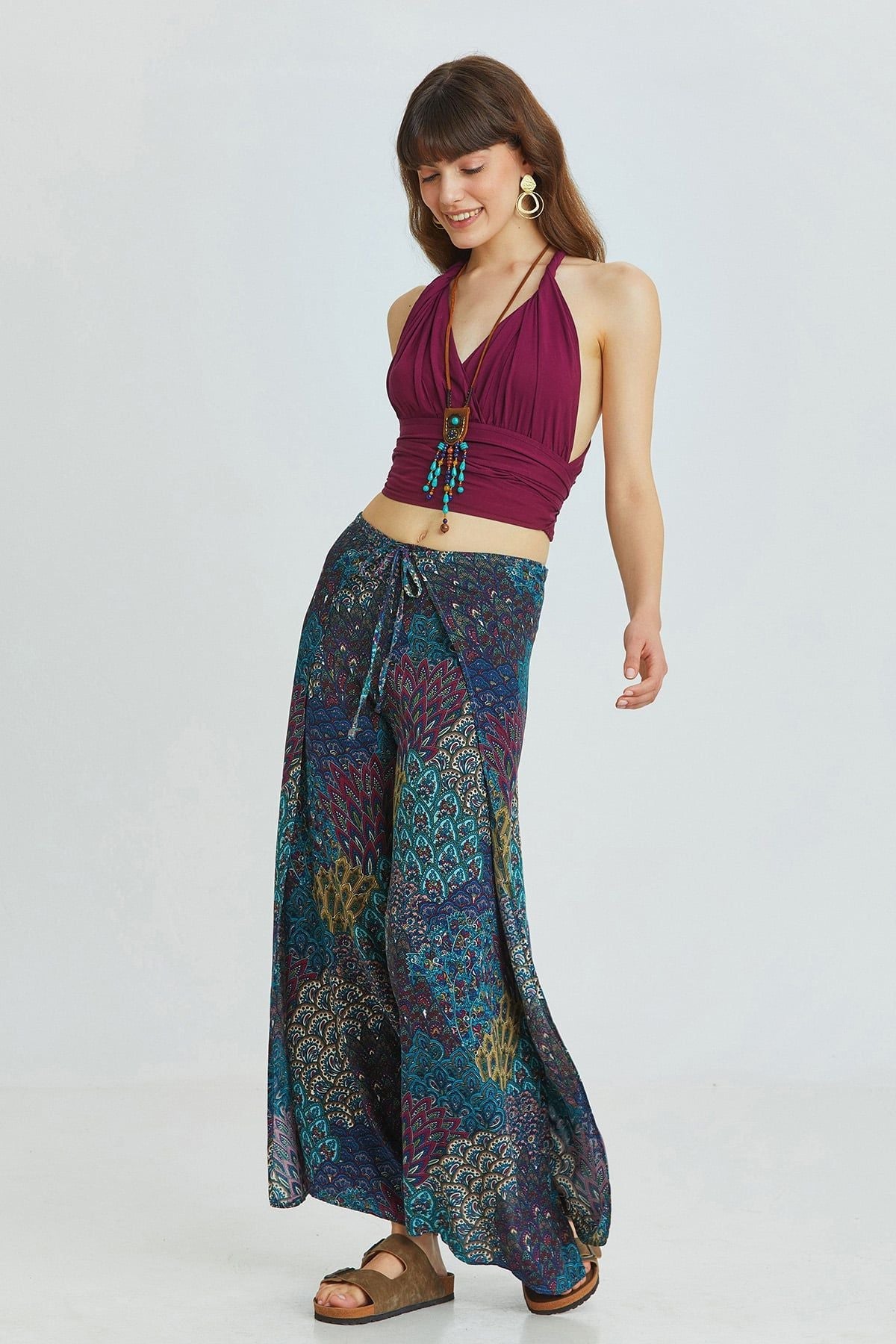 Teal Peacock Pattern Bohemian Palazzo Pants with Tie Waist