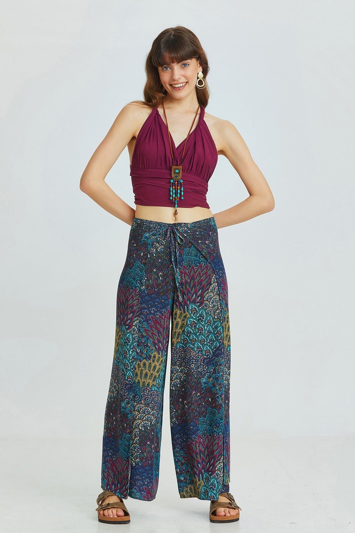 Teal Peacock Pattern Bohemian Palazzo Pants with Tie Waist