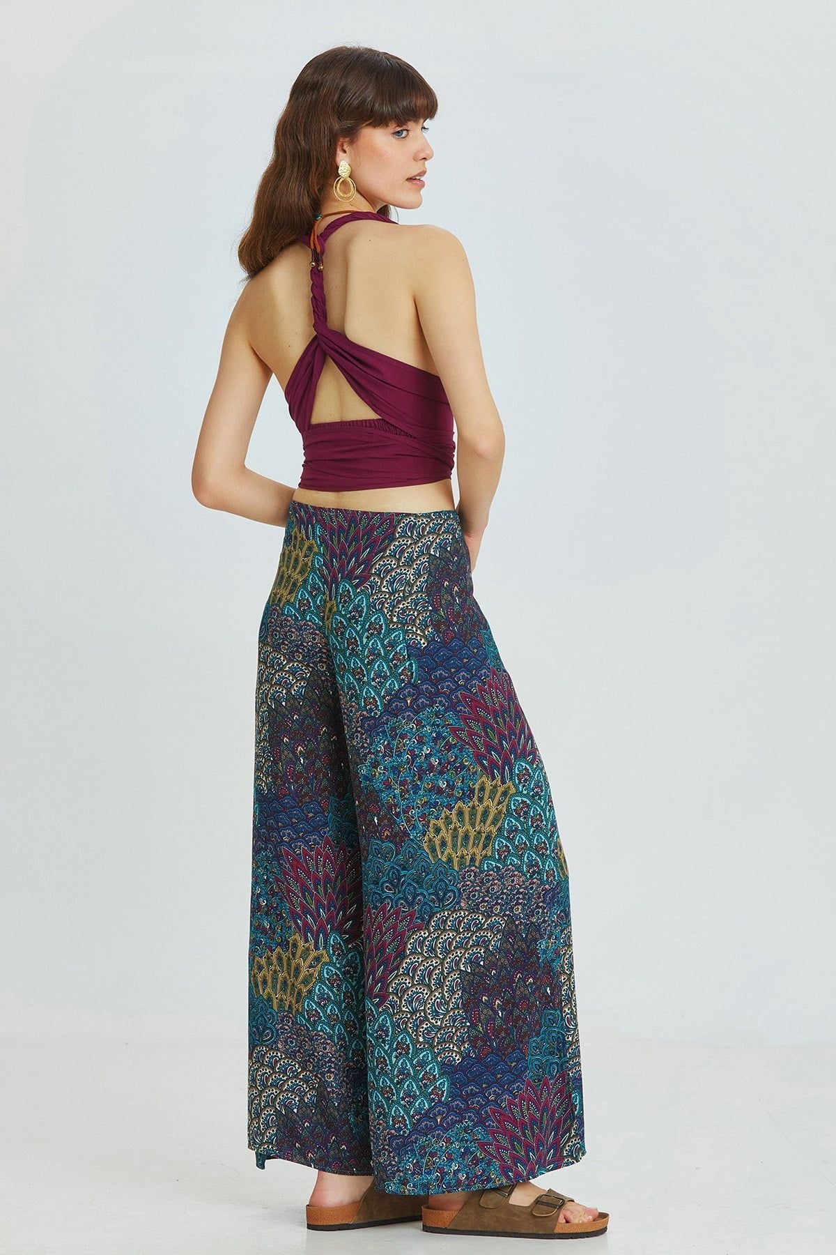 Teal Peacock Pattern Bohemian Palazzo Pants with Tie Waist