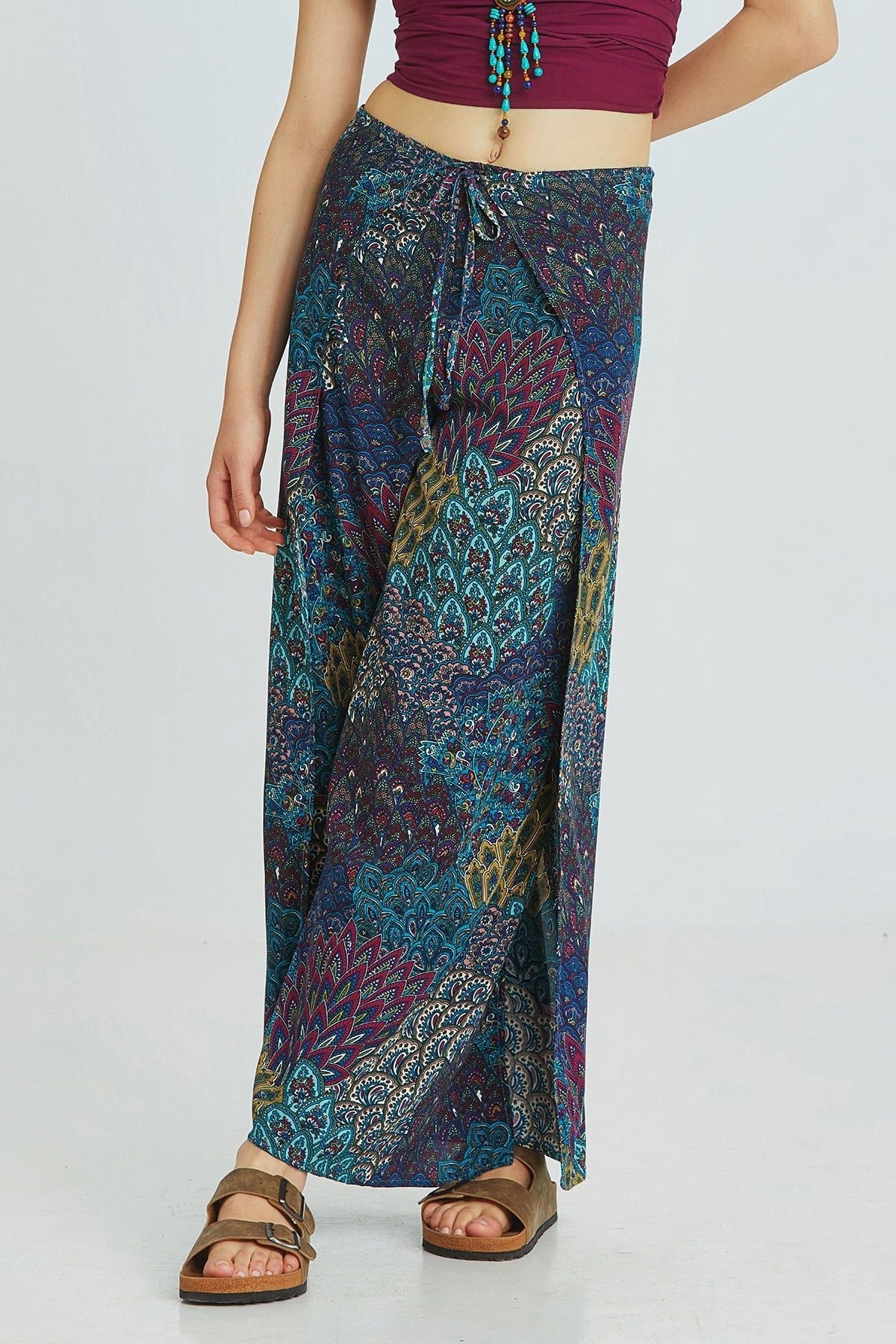 Teal Peacock Pattern Bohemian Palazzo Pants with Tie Waist