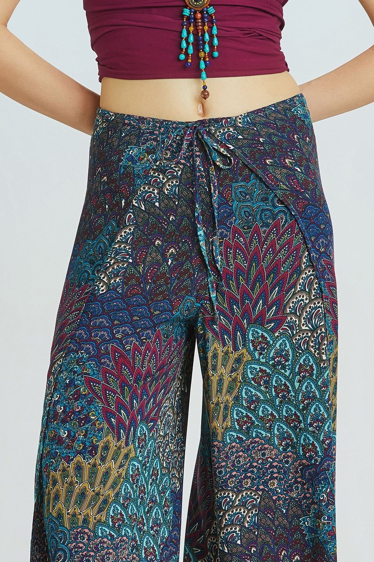 Teal Peacock Pattern Bohemian Palazzo Pants with Tie Waist