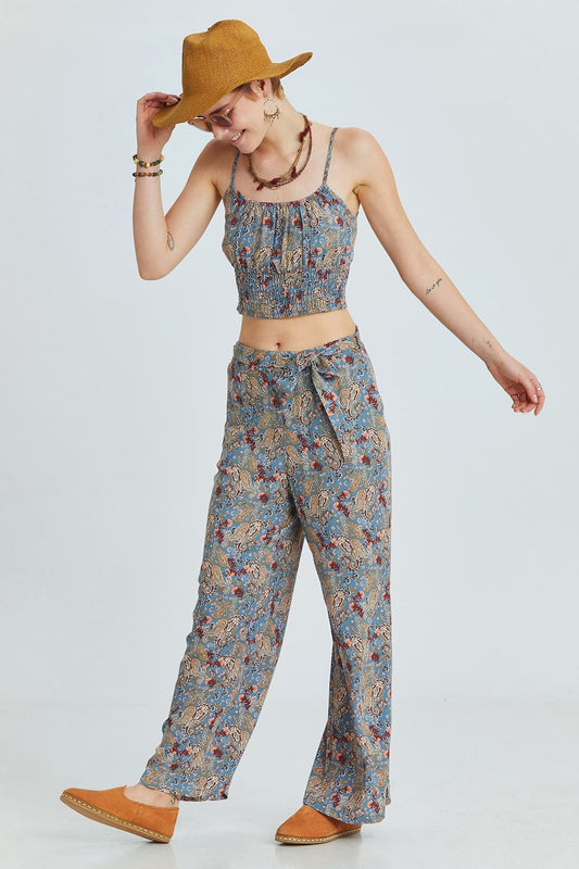 Blue Border Pattern Bohemian Pants with Belted Waist