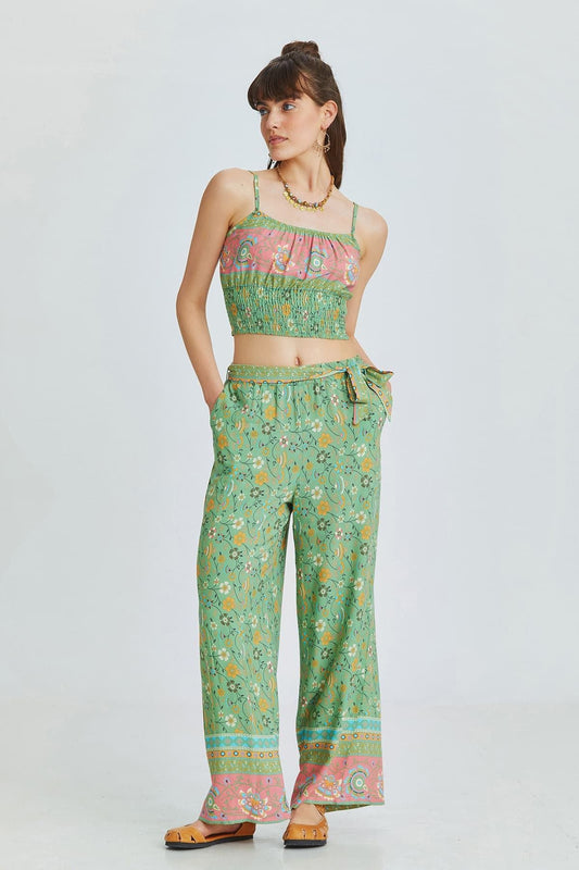 Green Border Pattern Bohemian Pants with Belted Waist