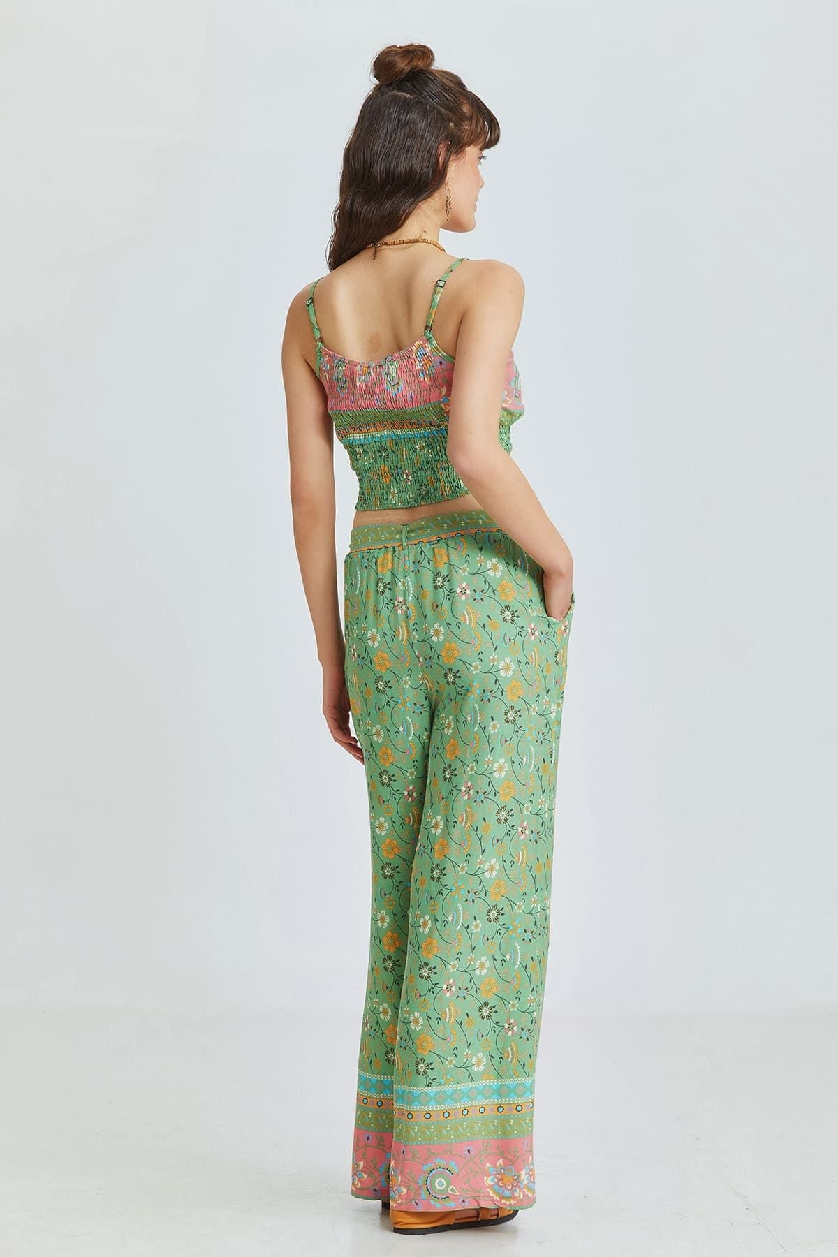 Green Border Pattern Bohemian Pants with Belted Waist